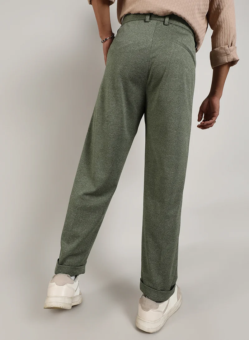 CAHOOT  Men's Olive Green Tailored Heathered Trousers For Casual Wear | Tailored-Fit | Mid-Rise | Button Closure | Trousers Crafted With Comfort Fit For Everyday Wear for Men | Best Price UAE